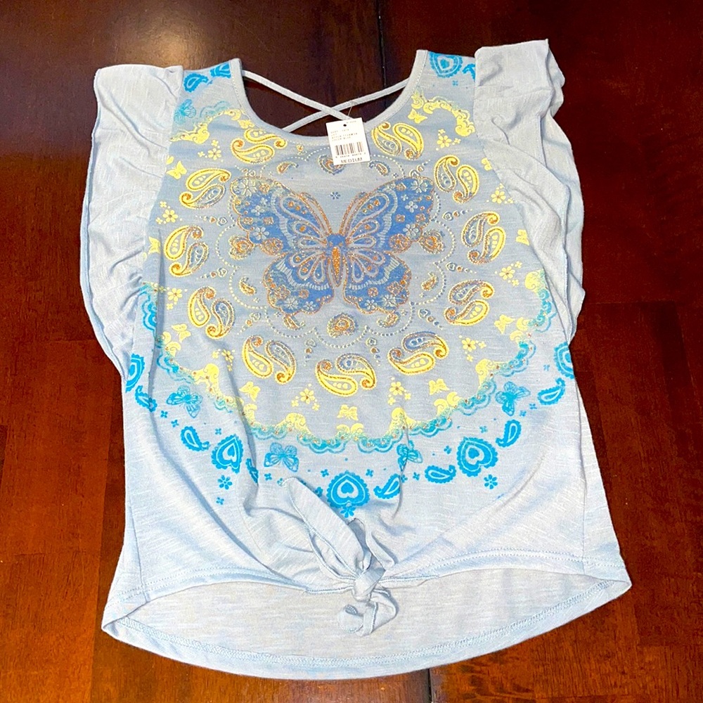 Beautees Blue Glitter Butterfly Paisley Design Ruffle Top Size Medium